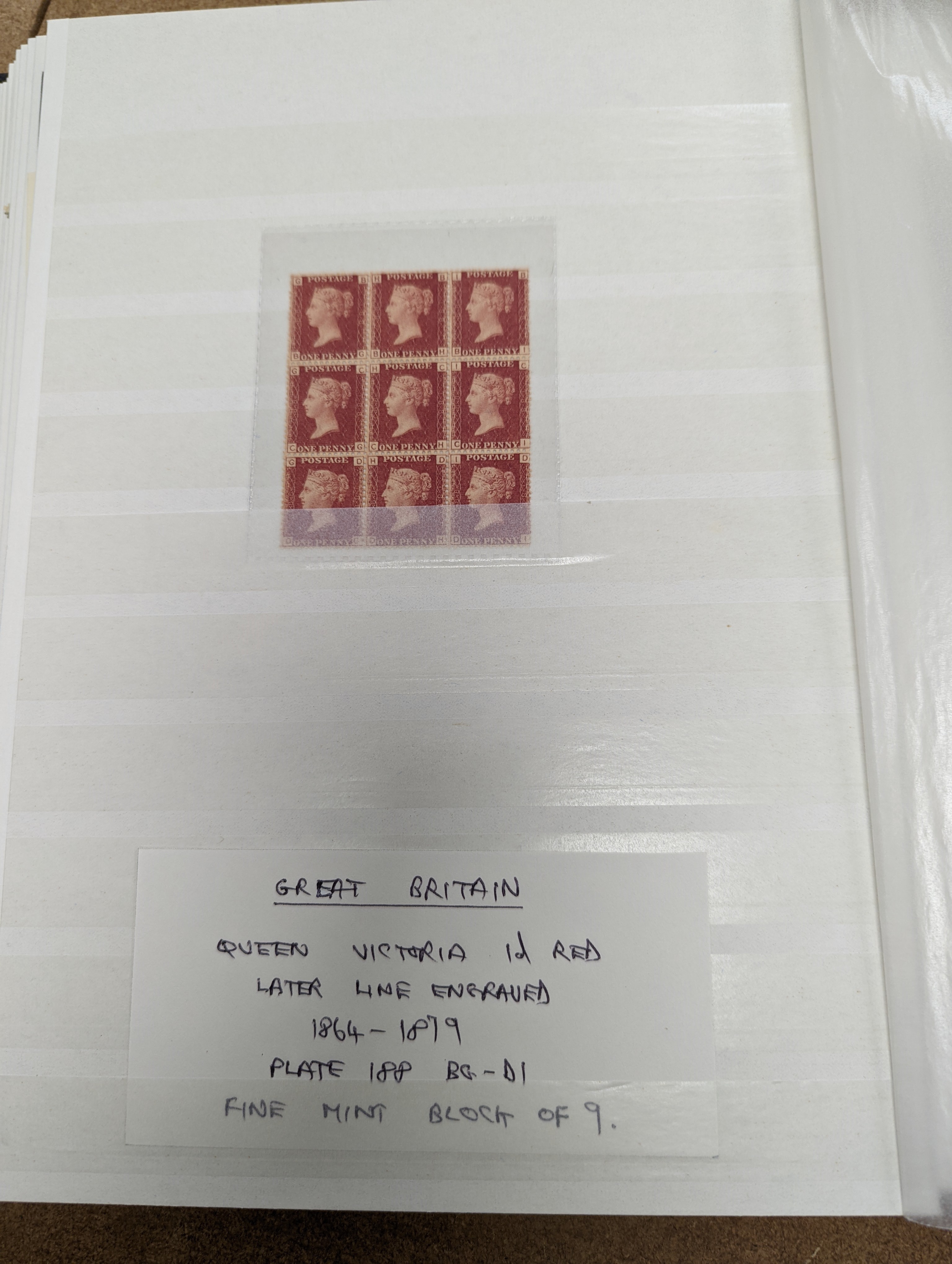 Great Britain stamps in stock book with 1840 1d black and 1841 2d blue unused. 1841 1d red brown mint block of 8, 1864-79 1d red plates in mint blocks including plate 79 block of 48, plate 170 block of 6 with marginal in